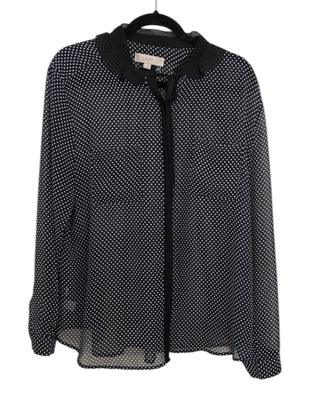 LOFT Black Sheer Polka Dot Blouse Ruffle Tie Neck